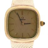 An Omega 9ct gold cushion shaped lady's wristwatch, 23 x 23mm, maker's tapered 9ct gold mesh