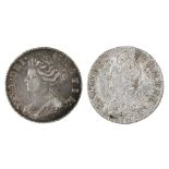 Queen Anne, Shillings, 1707 Roses & Plumes, almost VF; 1708, heavy flecking, VF (2)