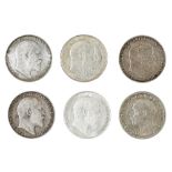 Edward VII, Florin, 1903(2), 1904, 1905, all Fine-VF; 1910, lustrous, EF; 1935 almost BU