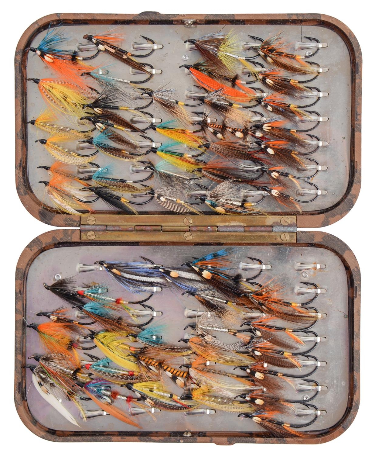 Fly fishing. A vintage Hardy Neroda pocket fly box, containing an assortment of flies, 16 x 10cm