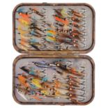 Fly fishing. A vintage Hardy Neroda pocket fly box, containing an assortment of flies, 16 x 10cm