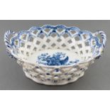 A Caughley blue and white basket, c1777-90, transfer printed with the Pine Cone pattern, 33.5cm over