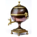 A Regency oxidised copper and brass tea urn,  of spherical shape with ring handles on square base