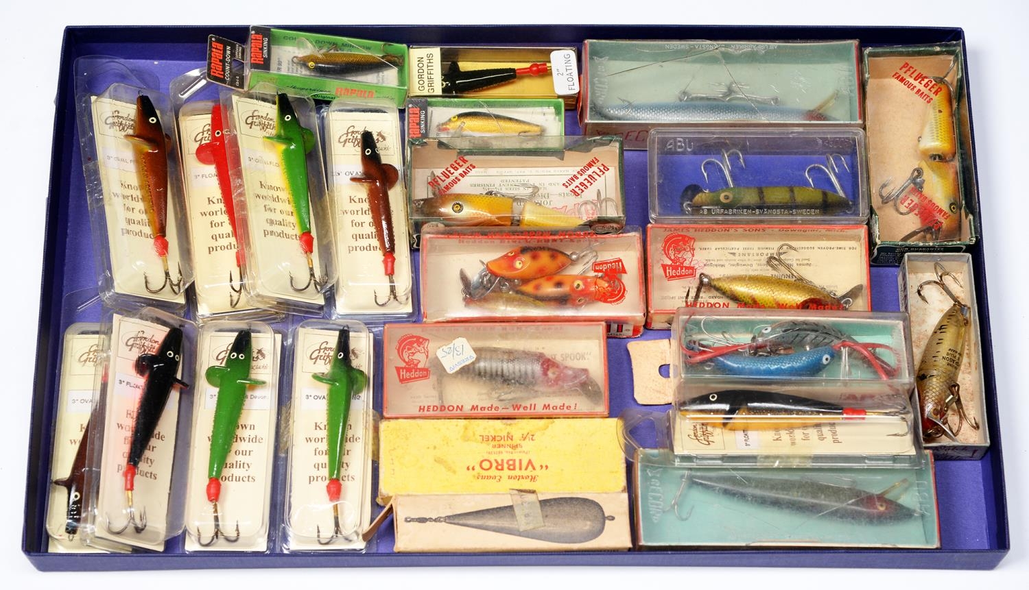 Miscellaneous vintage fishing lures, including Abu, Rapala, Heddon and Gordon Griffiths, mostly in