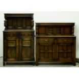 A dark stained oak court cupboard,  154cm h, 94cm l and another (2)