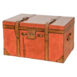 A tan leather covered trunk, in Victorian style with leather hasp and straps,  91cm long