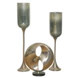 A Libra polished metal round sculpture on black base, 50cm h and two pair goblet shaped vases