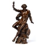 A French bronze statuette of Excelsior, late 19th c, on lion's pelt, cast from a model by Emile