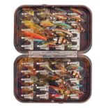 Fly fishing. A vintage Hardy Neroda pocket deep fly box, containing an assortment of flies, 16 x