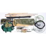 Fly fishing. Daiwa whisker fly rod, two vintage split cane rods, miscellaneous landing nets and