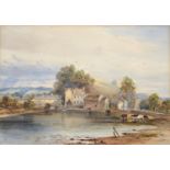 English School, 19th c - Village Scene with Cattle Watering at a Pond, bear signature and date,