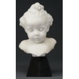 A statuary marble sculpture of the head of a child, ebonised pyramidal base, 40cm h Good condition