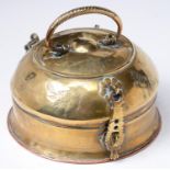 An Indian round brass box and domed lid, early 20th c,  with copper bottom, 21cm diam Polish