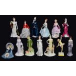 Thirteen Royal Worcester, Royal Doulton, Coalport and other bone china figures of young women,