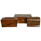 A Victorian rosewood and mother of pearl line inlaid writing box, 35.5cm long,  a Victorian rosewood