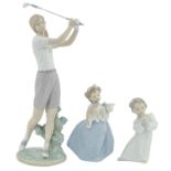 Three Lladro figures, 37cm h and smaller, printed mark Golfer - club broken