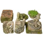 Miscellaneous garden ornaments and figures, including owl, rabbit, and a 19th c    carved stone