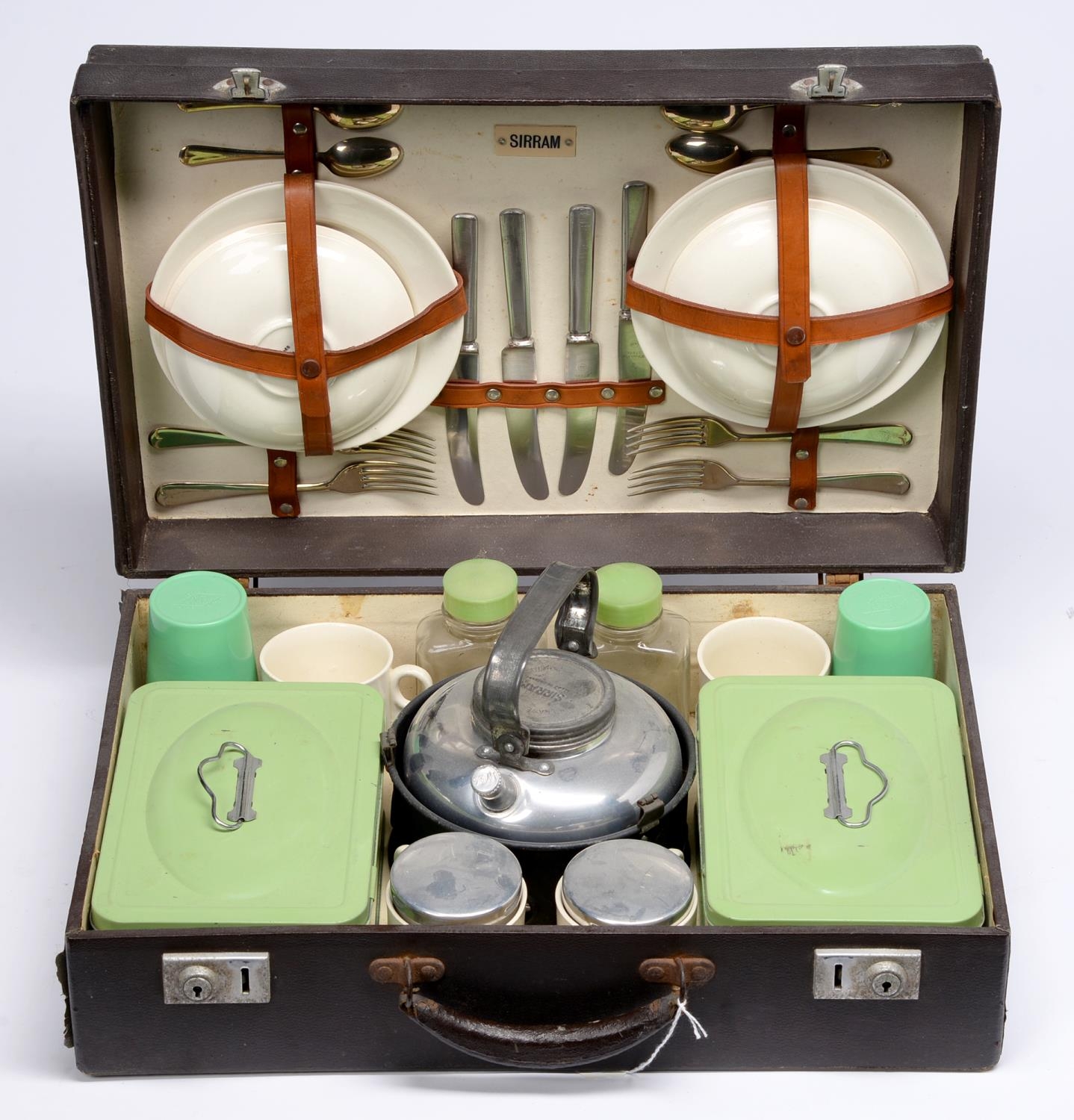 An early-mid 20th century motoring picnic case, by Sirram, four-setting, including flatware, ceramic