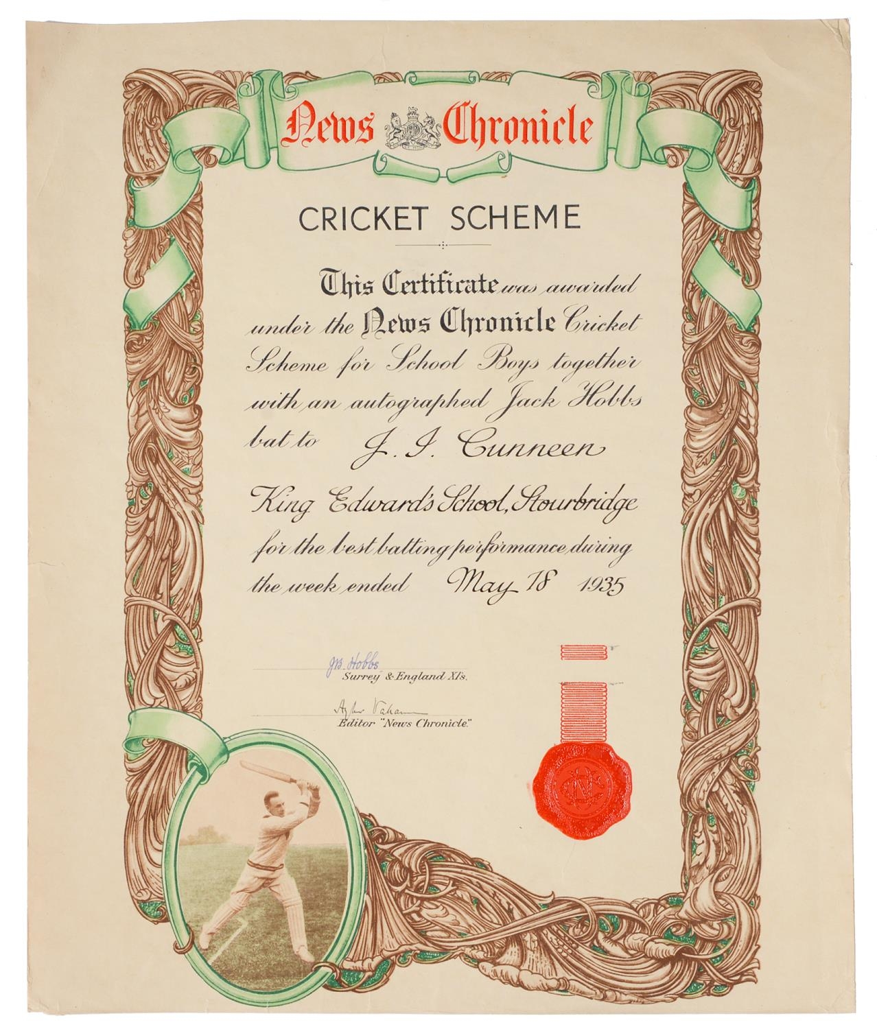 Jack Hobbs (1882-1963) - a rare News Chronicle Cricket Scheme Certificate awarded to J. I. Cunneen