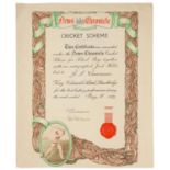 Jack Hobbs (1882-1963) - a rare News Chronicle Cricket Scheme Certificate awarded to J. I. Cunneen