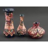 Three Moorcroft Oberon, Sweet Briar and Masquerade vases, 1993, 1997 and 2000, 10-20.5cm h,