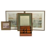 An antique style mahogany stationery rack, and four prints