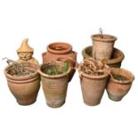 Twelve terracotta plant pots,  various sizes, a terracotta strawberry planter and a garden gnome,