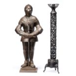 A cast iron armoured knight figural companion stand, second quarter 20th c, 66cm h and a Japanese