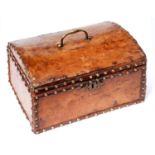 A brass nailed parchment covered wood travelling box, 19th c, with brass handle and lock, key,