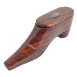 A Victorian carved fruitwood shoe novelty snuff box,  with sliding cover and metal pinned