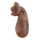 An archaistic style Chinese jade pebble carving or amulet, of bean shape with head terminal, 65mm