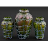 A garniture of Bohemian art nouveau iridescent trailed glass vases, Glasfabrik Elisabeth, Pallme