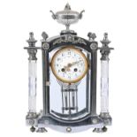 A French brass four glass clock, early 20th c, with cut glass urn and pillars, gong striking