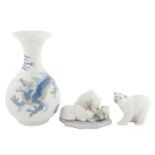 Two Lladro models of polar bears and a Lladro Chinese style dragon vase, vase 26cm h, printed mark