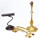 A Victorian goffering iron, 20cm h, an hexagonal brass table lamp and a pair of brass door