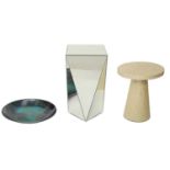 An iridescent cream faux tiled mushroom table, 47cm h, a mirror glass stand and an iridescent