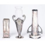 Two WMF polished pewter vases, c1910, one with glass liner, 13.5 and 23cm h and a contemporary
