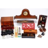 A Victorian walnut box with coloured straw work bands,  several 19th c glass and other inkwells,