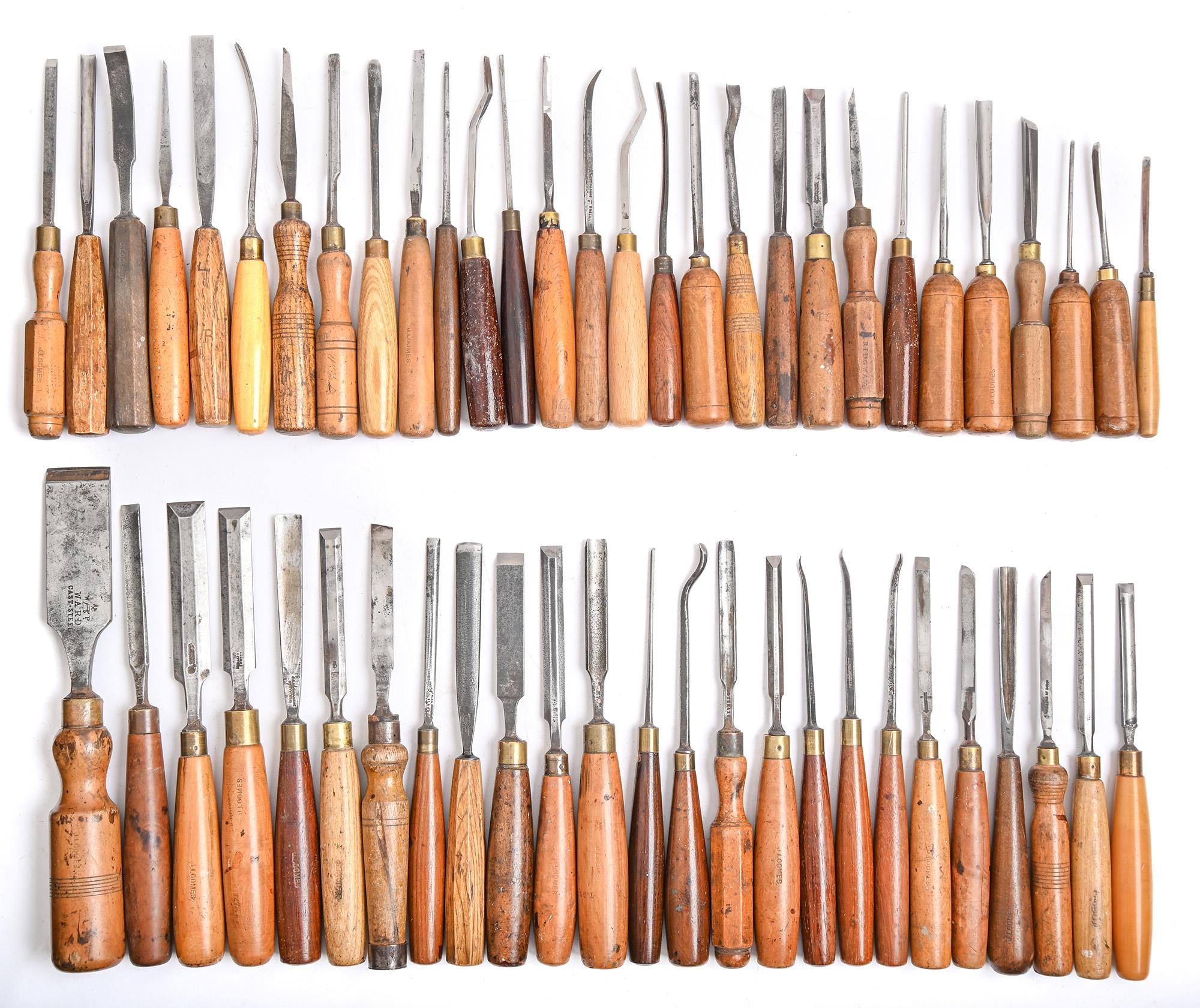 Fifty-two carving gouges, 19th c and later, with rosewood, boxwood, beech or other handle