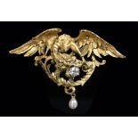 A French Art Nouveau diamond dragon brooch, c1905, with pearl drop, 48mm, control mark and an