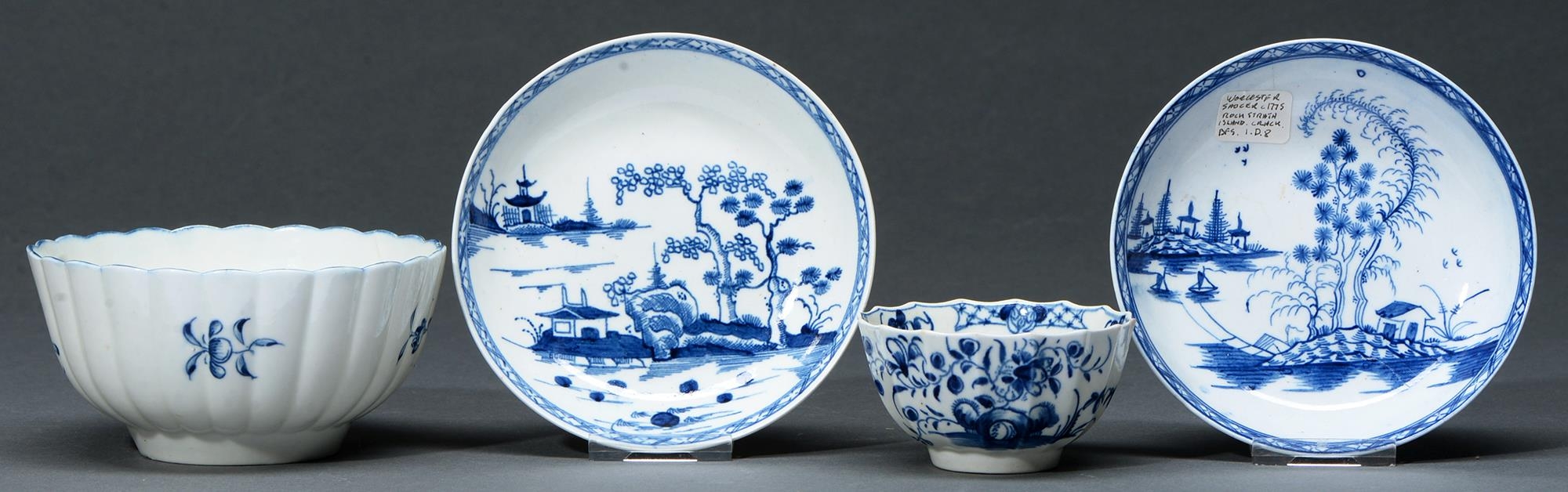 A Worcester blue and white tea bowl, slop basin and two saucers, c1758-85  painted with the Hollow