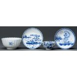 A Worcester blue and white tea bowl, slop basin and two saucers, c1758-85  painted with the Hollow