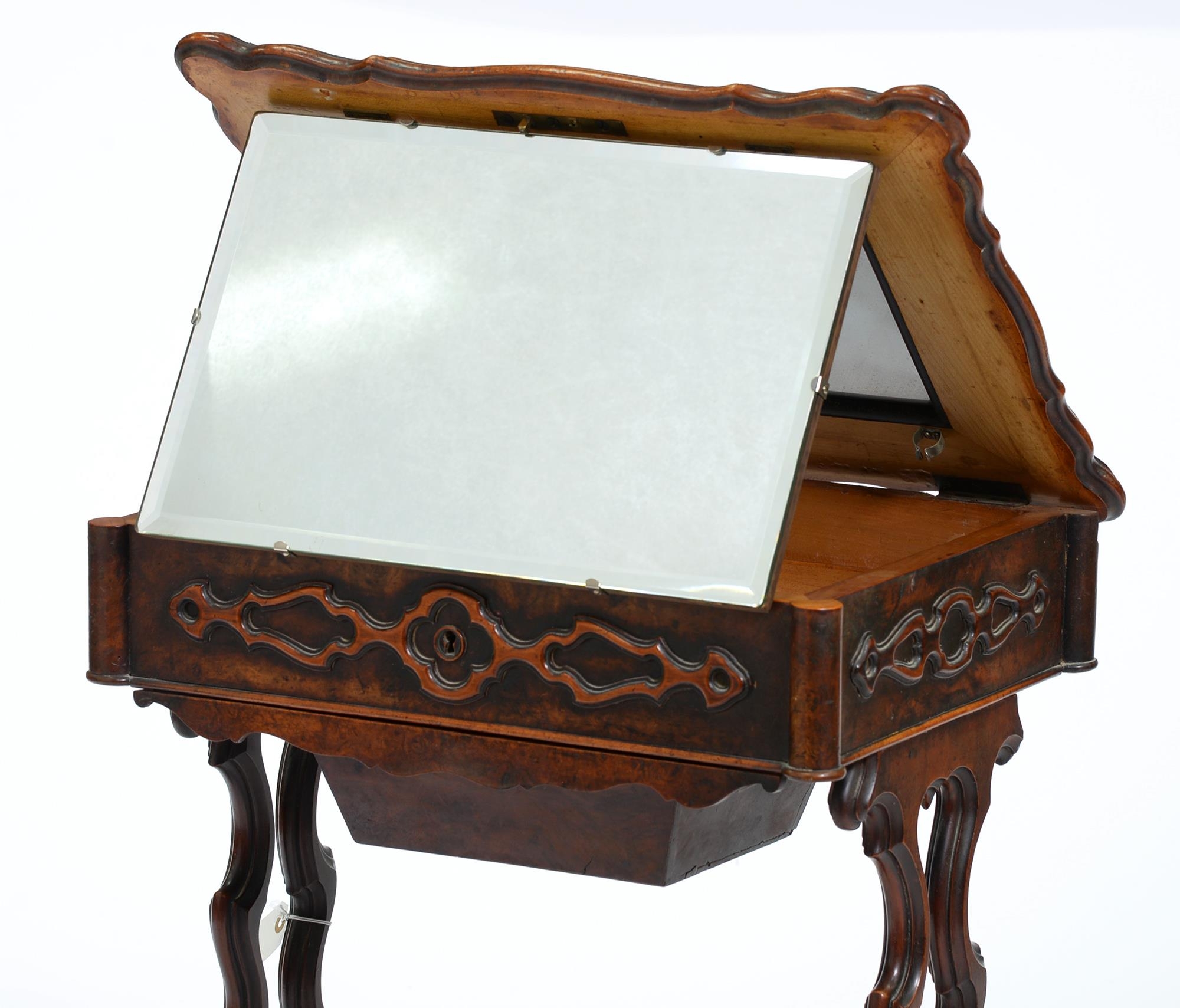 A Victorian serpentine walnut work table, the top in  quarter burr veneers, on pierced and moulded - Image 2 of 2