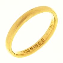 An 18ct gold wedding ring, Birmingham 1953, 2.9g, size K½ Slight wear and engraved inscription