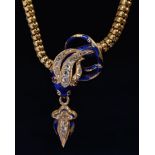 A Victorian diamond and gold and blue enamel snake necklet, a drop hanging from the serpent's open