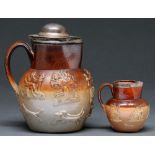 A silver mounted saltglazed brown stoneware hunting jug, Lambeth, early 19th c, 18cm h, mount London