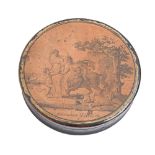 A French papier mache snuff box and cover, c1820,  the cover with varnished engraving of the