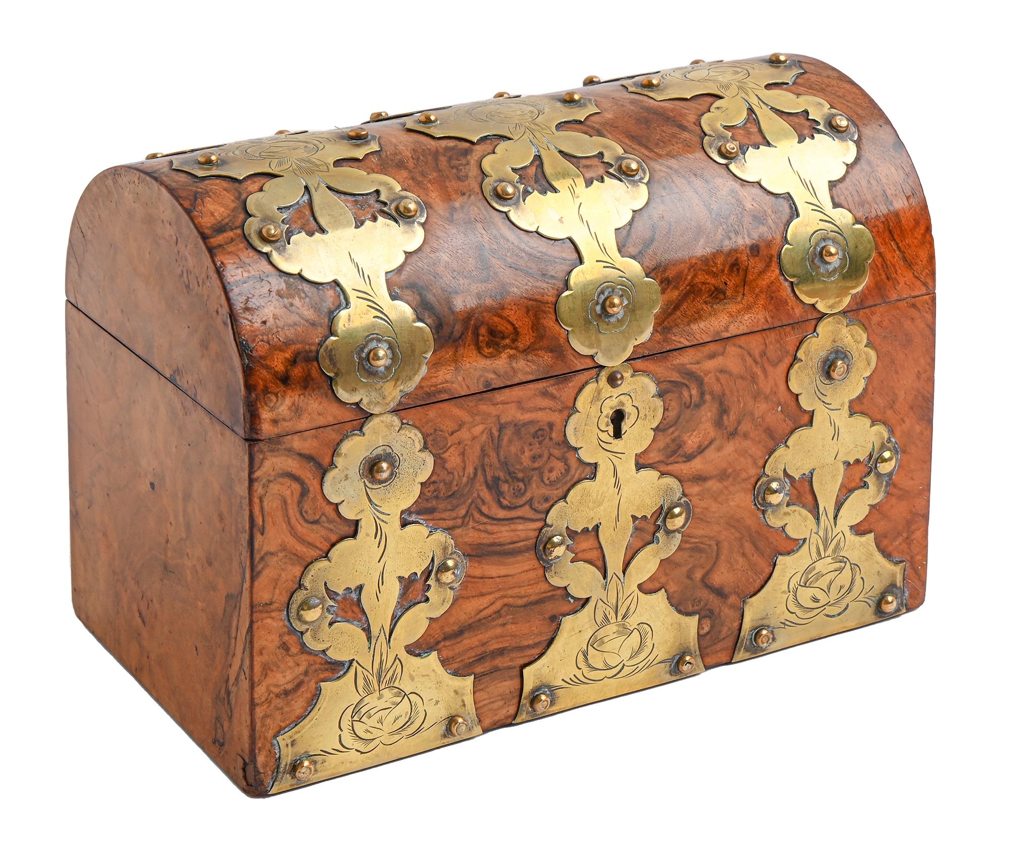 A Victorian walnut stationery box,  in figured veneers with pierced and engraved brass strapwork,