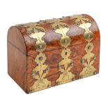 A Victorian walnut stationery box,  in figured veneers with pierced and engraved brass strapwork,