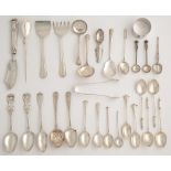 Miscellaneous small silver flatware and a napkin ring, various makers and dates, mostly first half